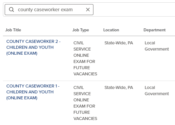 County caseworker exam search results.