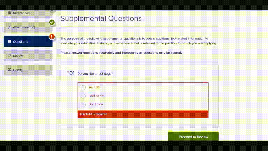 Answer any supplemental questions, then click on the 'Proceed to Review' button.