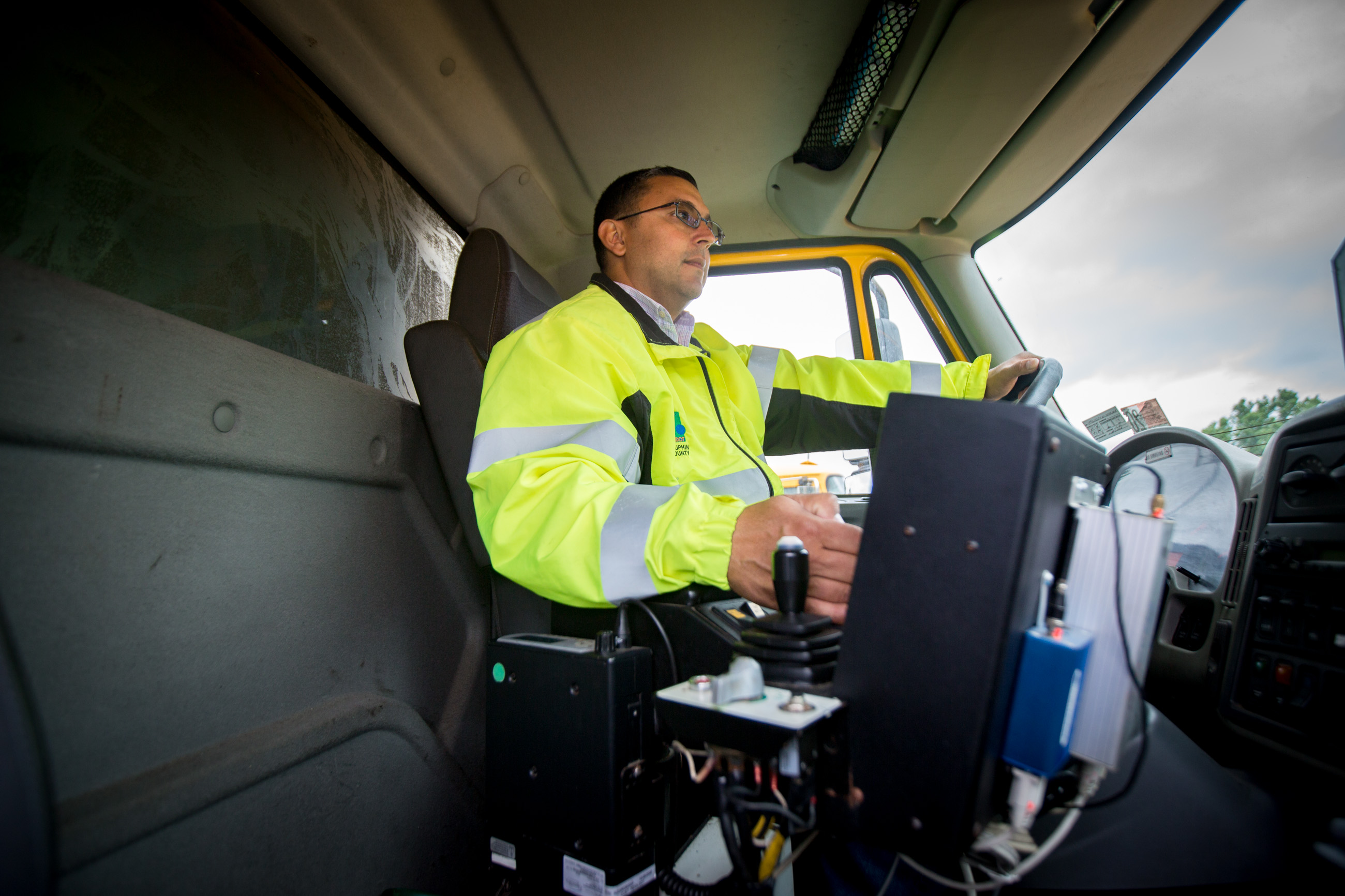 Jaime Santiago inside cab of vehicle